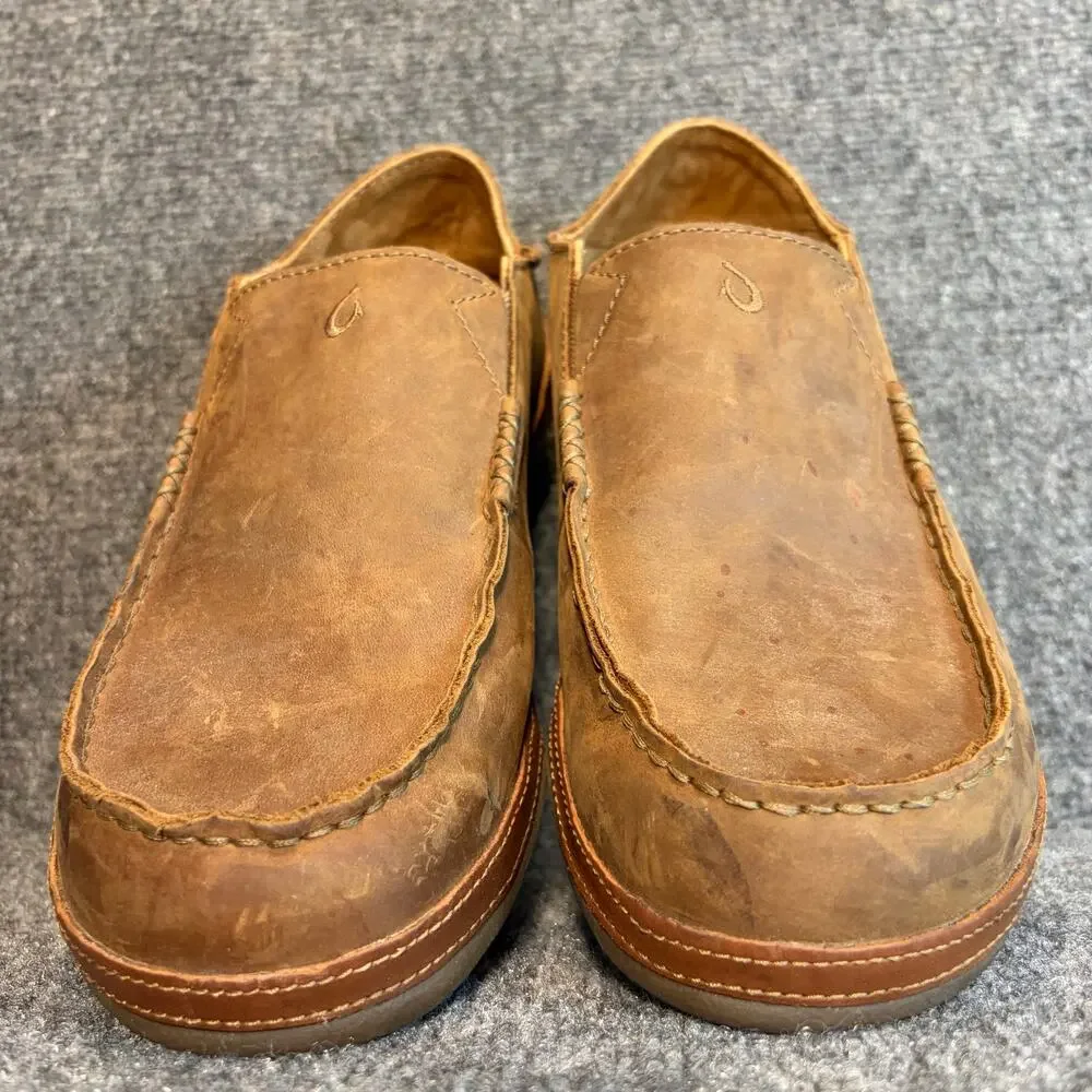 OluKai Mens 9.5 Moloa Brown Leather Slip On Shoes Drop In Heel Loafer Mules